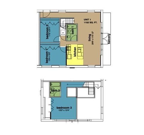 Floor plan for 3 beds, 2 baths, 1152 sqft