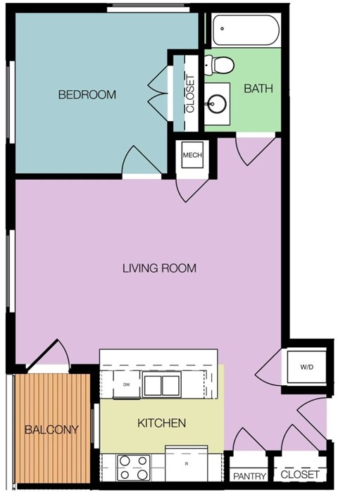 Floor plan for 1 bed, 1 bath, 668 sqft