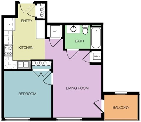 Floor plan for 1 bed, 1 bath, 562 sqft
