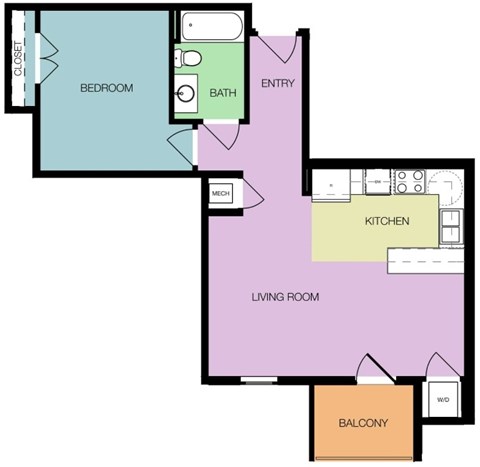Floor plan for 1 bed, 1 bath, 654 sqft