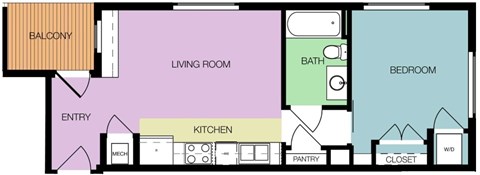 Floor plan for 1 bed, 1 bath, 539 sqft