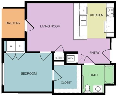Floor plan for 1 bed, 1 bath, 657 sqft