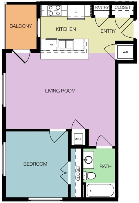 Floor plan for 1 bed, 1 bath, 665 sqft