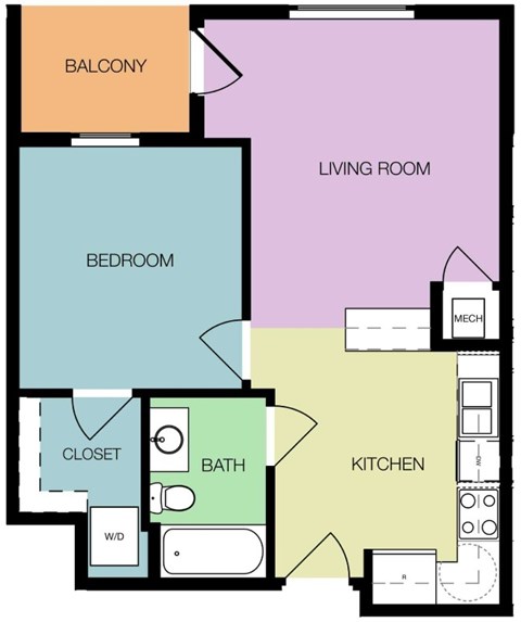 Floor plan for 1 bed, 1 bath, 586 sqft