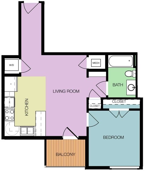 Floor plan for 1 bed, 1 bath, 589 sqft