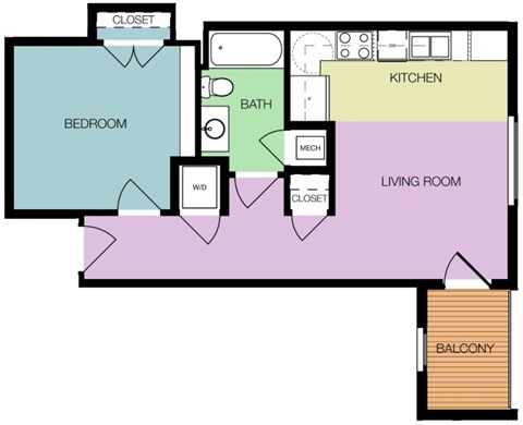 Floor plan for 1 bed, 1 bath, 557 sqft