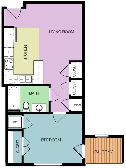 Floor plan for 1 bed, 1 bath, 575 sqft