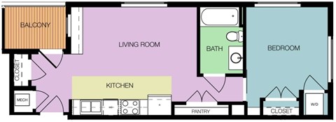 Floor plan for 1 bed, 1 bath, 564 sqft