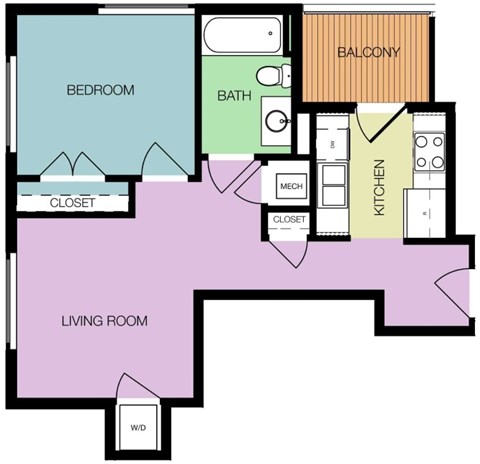 Floor plan for 1 bed, 1 bath, 543 sqft