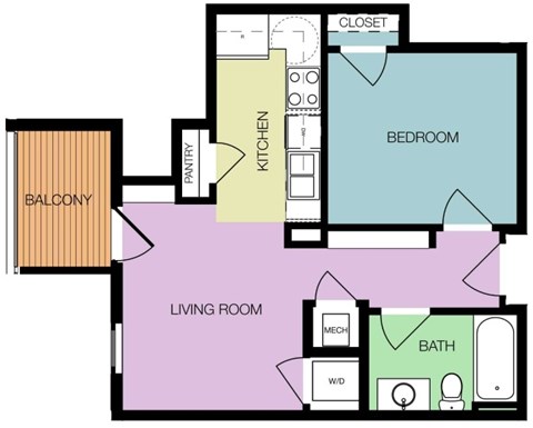 Floor plan for 1 bed, 1 bath, 485 sqft