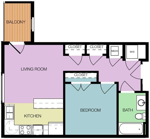 Floor plan for 1 bed, 1 bath, 557 sqft