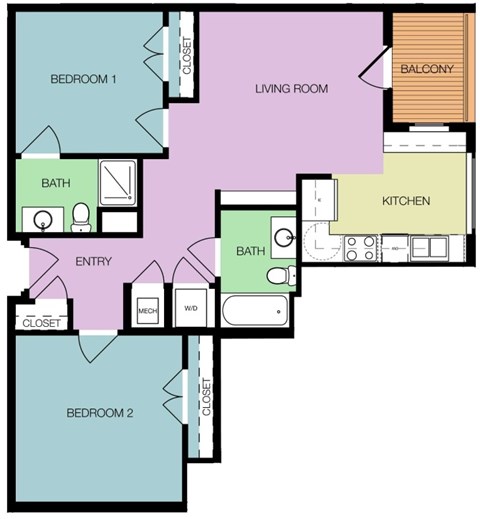 Floor plan for 2 beds, 2 baths, 885 sqft