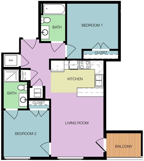 Floor plan for 2 beds, 2 baths, 778 sqft