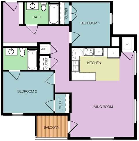 Floor plan for 2 beds, 2 baths, 1009 sqft