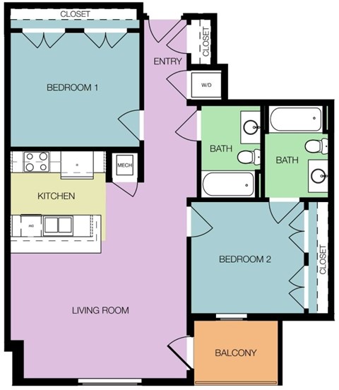Floor plan for 2 beds, 2 baths, 871 sqft