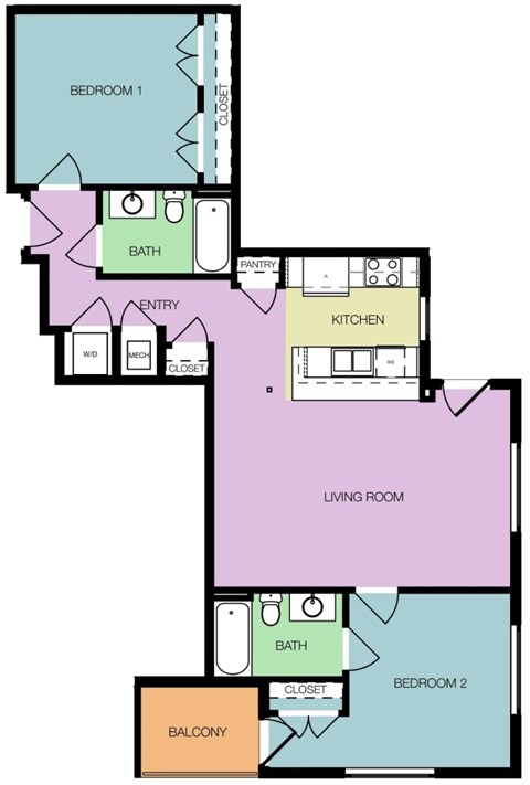 Floor plan for 2 beds, 2 baths, 961 sqft