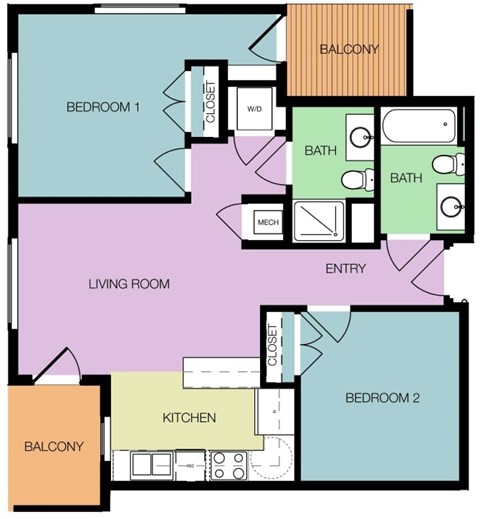 Floor plan for 2 beds, 2 baths, 815 sqft