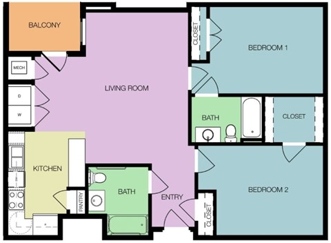 Floor plan for 2 beds, 2 baths, 1032 sqft