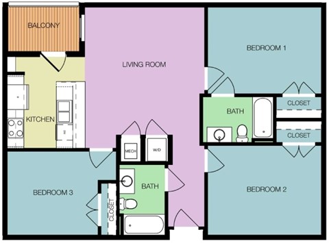 Floor plan for 3 beds, 2 baths, 1045 sqft
