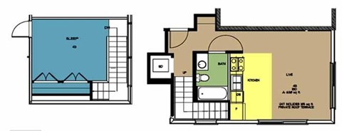 Floor plan for 1 bed, 1 bath, 630 sqft