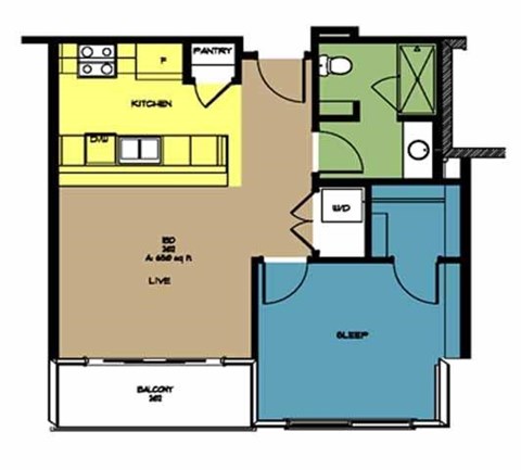 Floor plan for 1 bed, 1 bath, 608 sqft