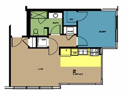 Floor plan for 1 bed, 1 bath, 667 sqft