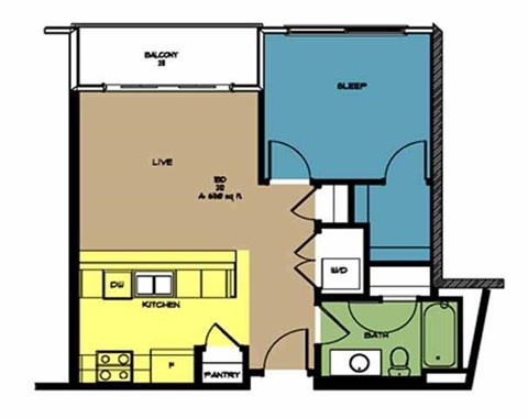 Floor plan for 1 bed, 1 bath, 650 sqft