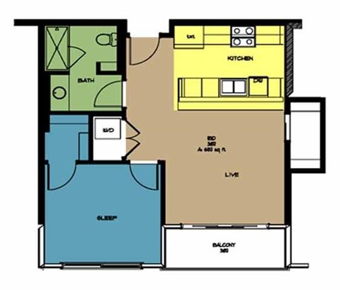 Floor plan for 1 bed, 1 bath, 652 sqft