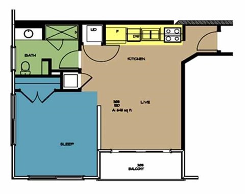 Floor plan for 1 bed, 1 bath, 648 sqft