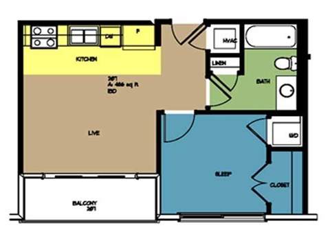 Floor plan for 1 bed, 1 bath, 486 sqft