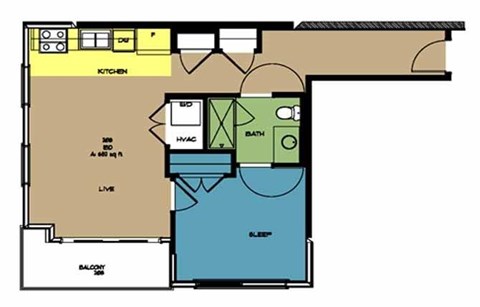 Floor plan for 1 bed, 1 bath, 652 sqft