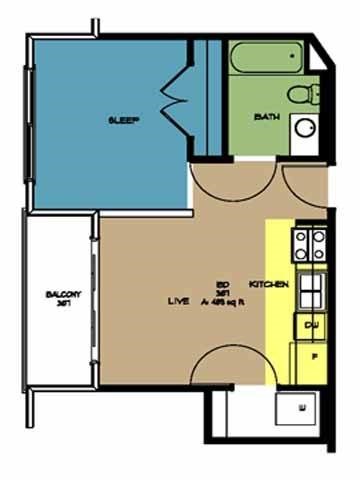 Floor plan for 1 bed, 1 bath, 489 sqft