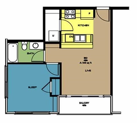 Floor plan for 1 bed, 1 bath, 543 sqft