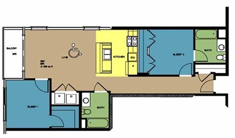 Floor plan for 2 beds, 2 baths, 998 sqft