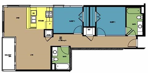 Floor plan for 2 beds, 2 baths, 999 sqft