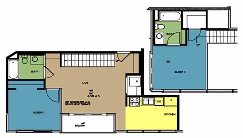 Floor plan for 2 beds, 2 baths, 949 sqft