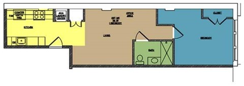 Floor plan for 1 bed, 1 bath, 716 sqft