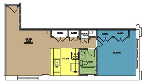 Floor plan for 1 bed, 1 bath, 737 sqft