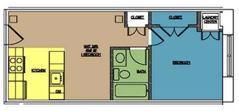 Floor plan for 1 bed, 1 bath, 548 sqft
