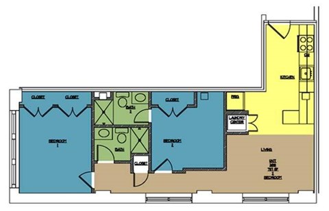 Floor plan for 2 beds, 2 baths, 763 sqft