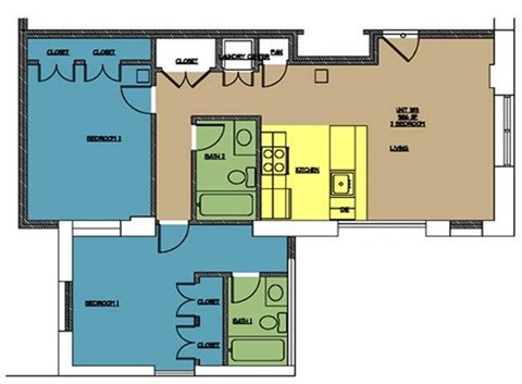 Floor plan for 2 beds, 2 baths, 915 sqft