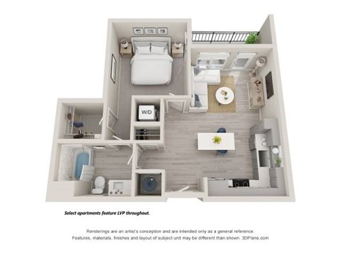 Floor plan for 1 bed, 1 bath, 683 sqft