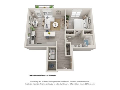 Floor plan for 1 bed, 1 bath, 735 sqft