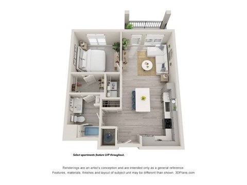 Floor plan for 1 bed, 1 bath, 741 sqft