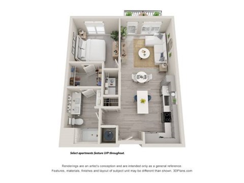 Floor plan for 1 bed, 1 bath, 747 sqft