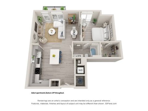 Floor plan for 1 bed, 1 bath, 849 sqft