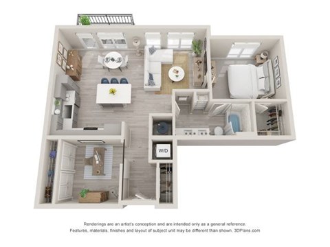 Floor plan for 1 bed, 1 bath, 958 sqft