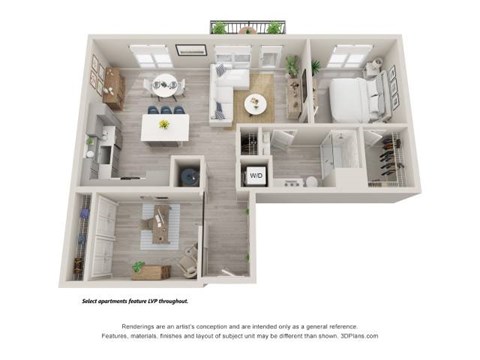 Floor plan for 1 bed, 1 bath, 982 sqft