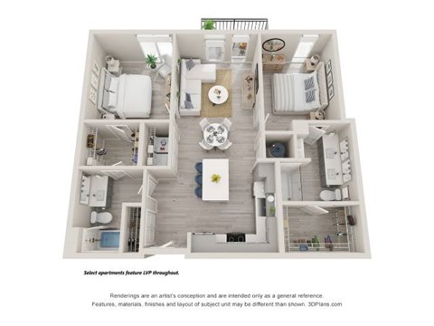 Floor plan for 2 beds, 2 baths, 1037 sqft