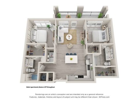 Floor plan for 2 beds, 2 baths, 1061 sqft